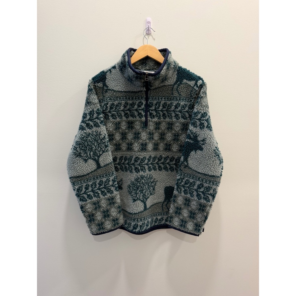 LL Bean Signature Sherpa Fleece Pullover M Green Woodland Moose Trees 1/4 Zip